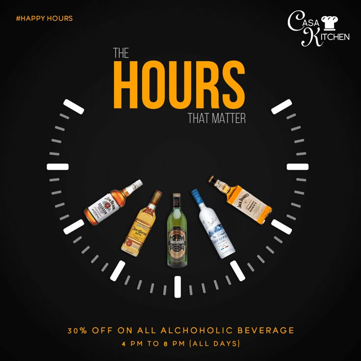 an ad for happy hour with bottles of alcohol in the middle of a clock face