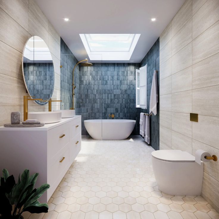 a bathroom with a skylight, toilet and bathtub in the middle of it