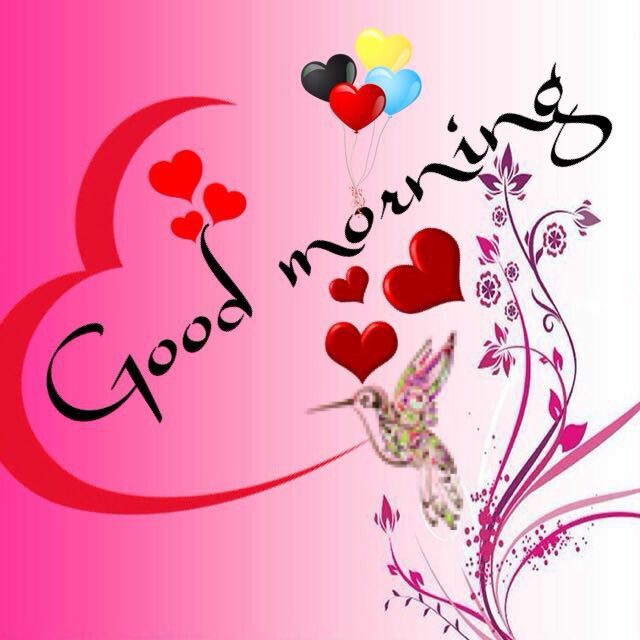 a humming bird with hearts and the words good morning on it's back ground