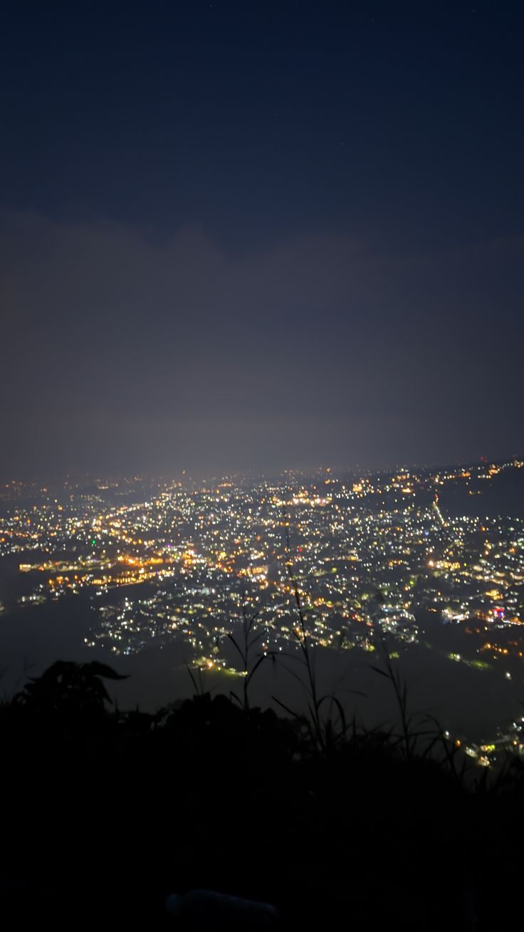 the city lights are lit up in the night sky from top of a hill,