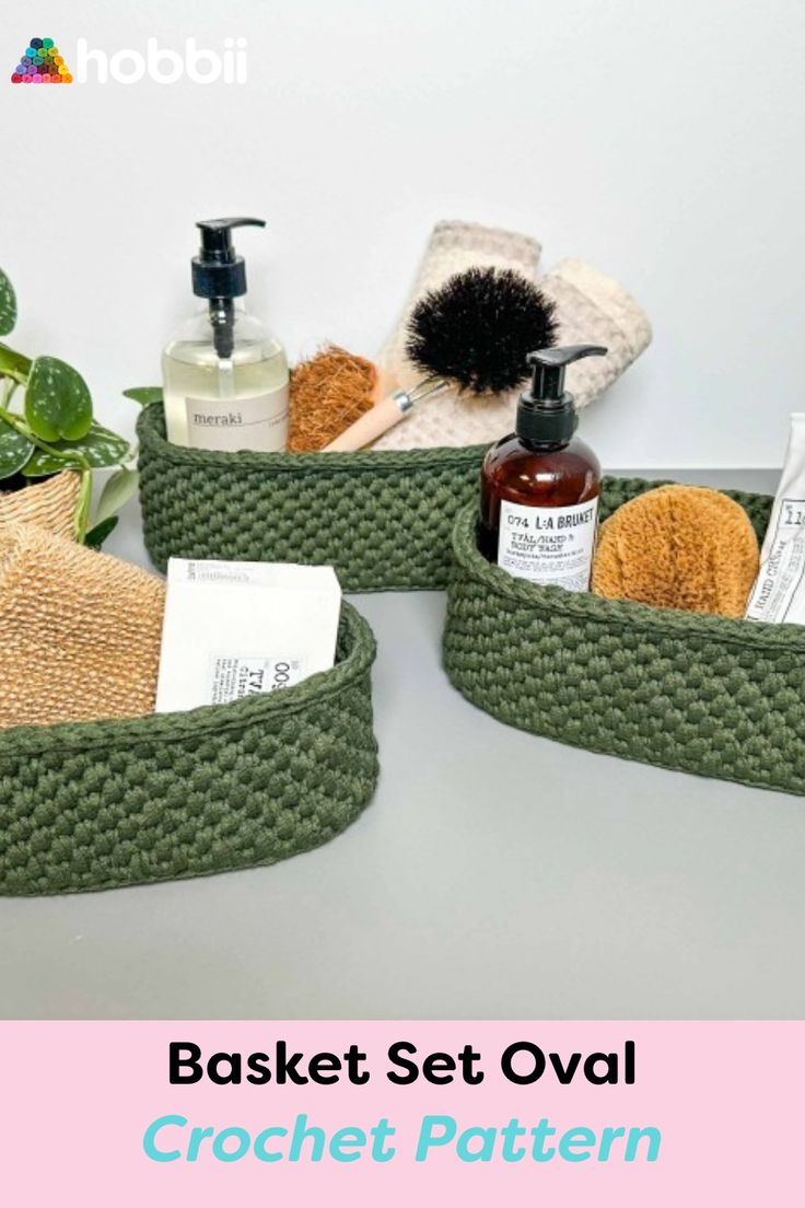 the basket set oval crochet pattern has three baskets with different items in it