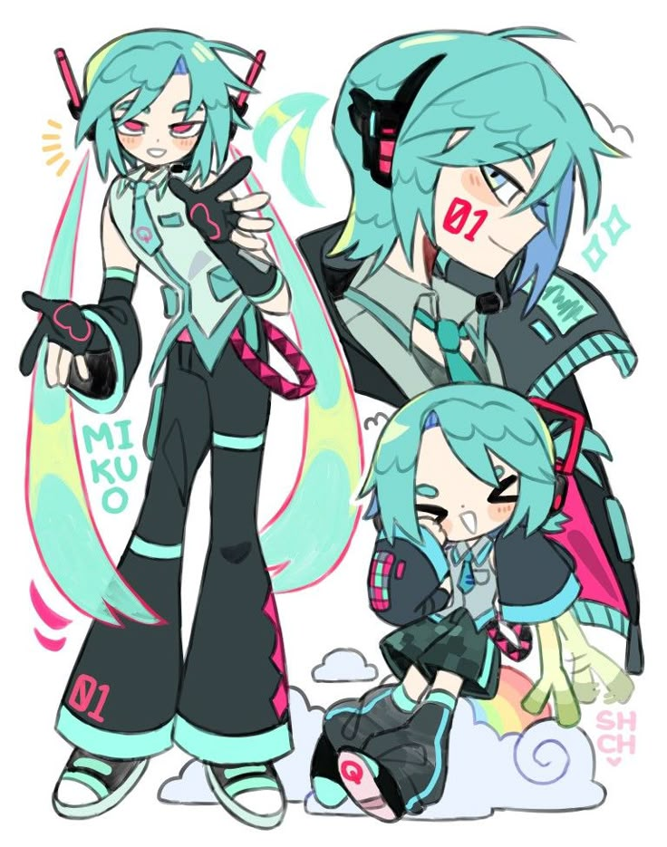 two anime characters, one with blue hair and the other with green hair wearing black clothes