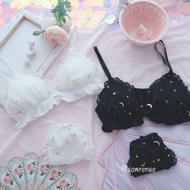 Fabric Material: Cotton BlendColor: Black. WhiteStyle: Japanese. Cute. Kawaii. Sweet Lingerie Design, Lingerie Shoot, Kawaii Harajuku, Stars Moon, Cute Bras, Cute Lingerie, Princess Girl, Lace Lingerie Set, Women In Lingerie