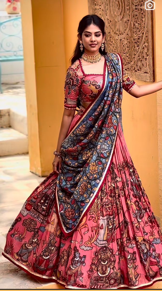 Kalamkari Langa Voni, Festive Fitted Lehenga With Kalamkari Print, Pen Kalamkari Lehangas, Designer Kalamkari Print Lehenga, Pen Kalamkari Lehangas Kids, Navratri Kalamkari Print Floor-length Lehenga, Long Skirt Top Designs, Long Skirt And Top, Kalamkari Dresses