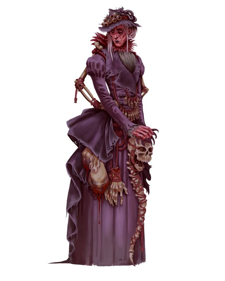 a drawing of a woman dressed in purple and holding a stick with blood on it