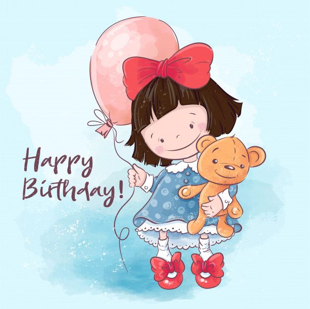 a girl holding a teddy bear and balloon with the words happy birthday