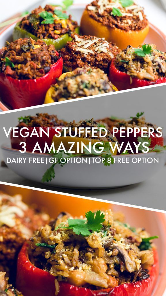 three different pictures of stuffed peppers with the title vegan stuffed peppers 3 amazing ways