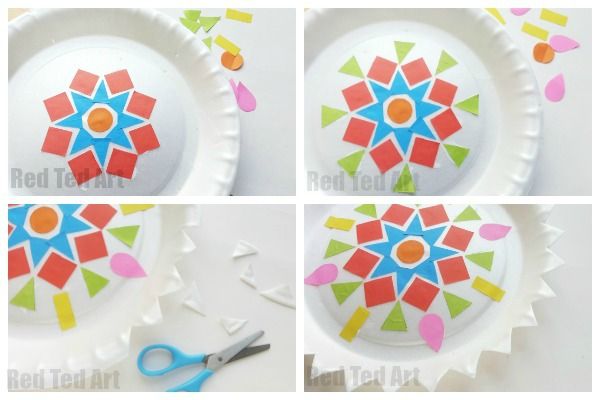 four different pictures of paper plates with colorful designs on them and scissors next to it