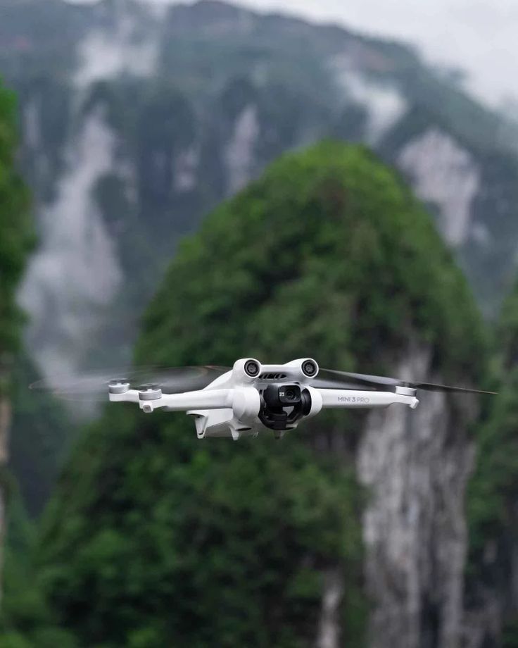 a white and black plane flying over some trees in the air with mountains in the background