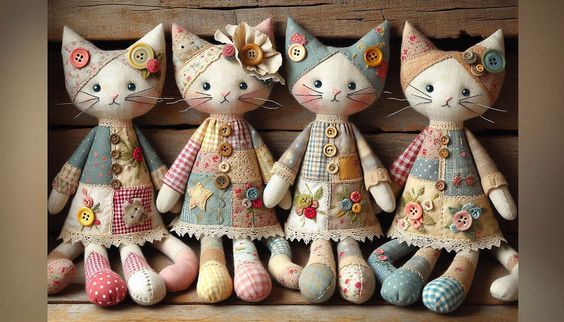 three stuffed cats sitting next to each other in front of a wooden wall with buttons and flowers on them