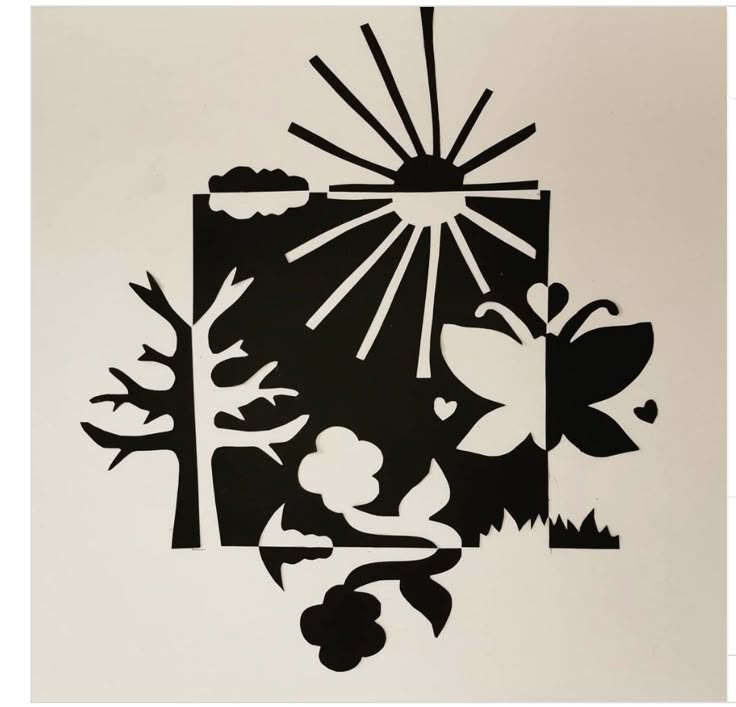 a black and white drawing of trees, flowers, and the sun shining through it