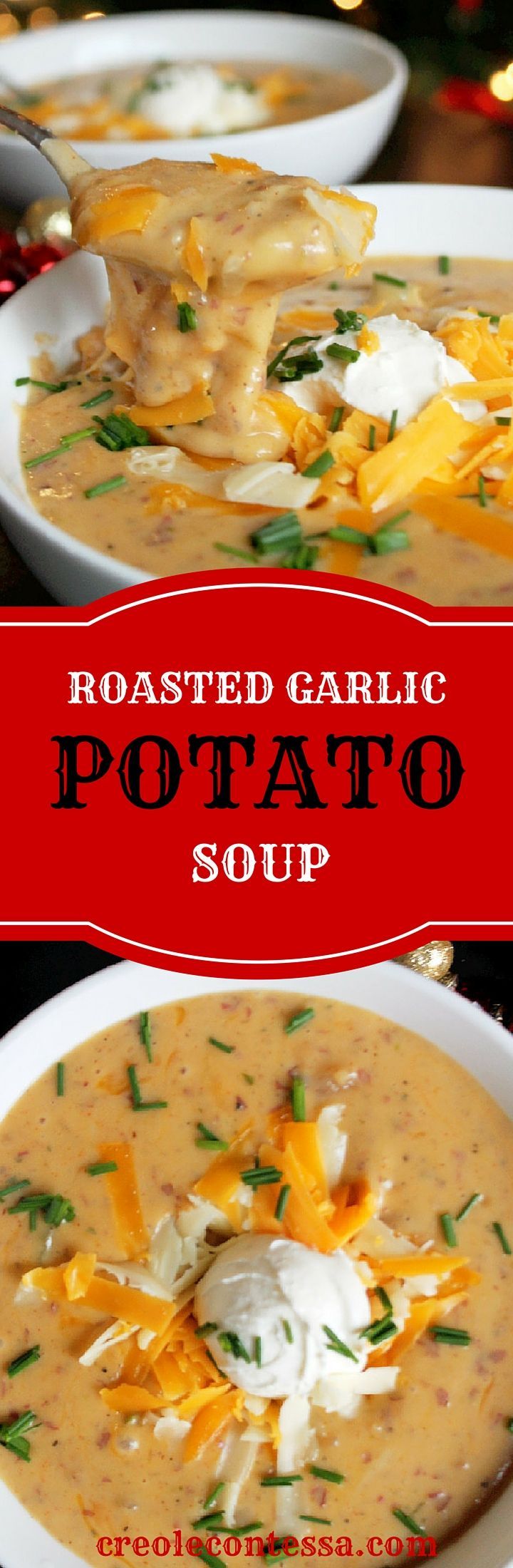 roasted garlic potato soup in a white bowl