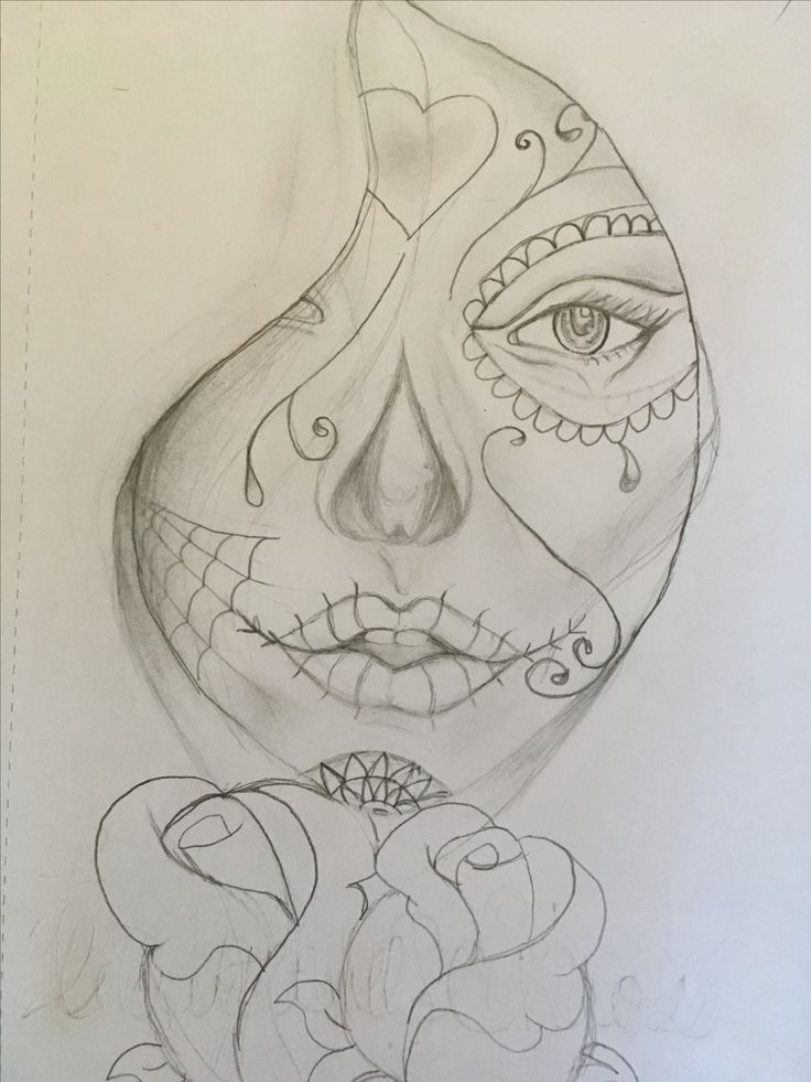 a pencil drawing of a woman's face with sugar skulls on her nose and eyes