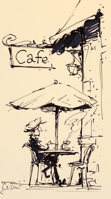 a black and white drawing of two people sitting at an outdoor cafe