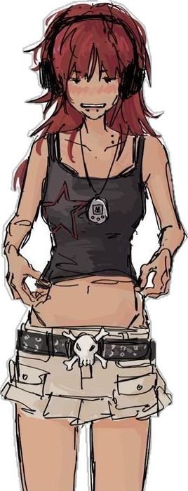 a drawing of a girl with red hair wearing shorts and a tank top, holding her hands on her hips