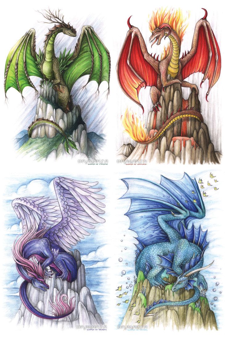 four different colored dragon tattoos on white paper