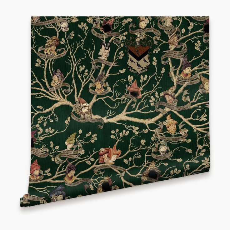 the tree of life wallpaper in dark green with many different types of animals on it