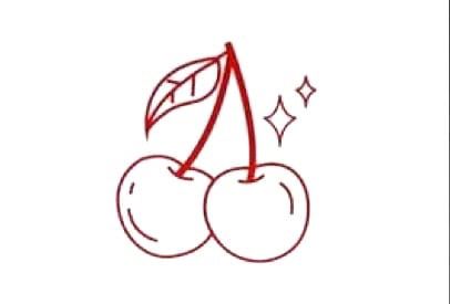 a drawing of two cherries on a white background with red writing that says cherry