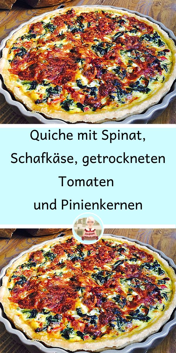 two different types of pizza on top of a wooden table in front of a sign that says, quiche mit spinach, schate, getrockenen, tomatoes, tomato and fried