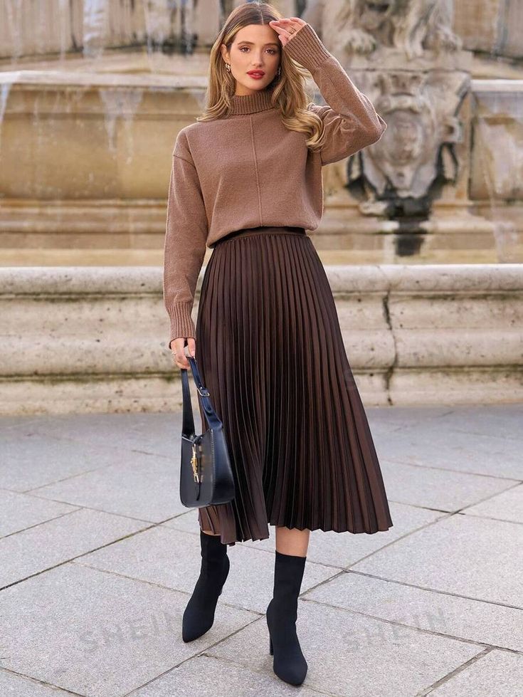 SHEIN Frenchy High Waist Pleated Skirt | SHEIN UK Pleated Skirt Fall Outfit, Pleated Skirt Outfit Fall, Midi Pleated Skirt Outfit, Pleated Skirt Outfit Short, Winter Midi Skirt Outfit, Pleated Skirt And Sweater, Pleated Skirt Winter, Midi Skirt Outfit Winter, Pleated Skirt Fall