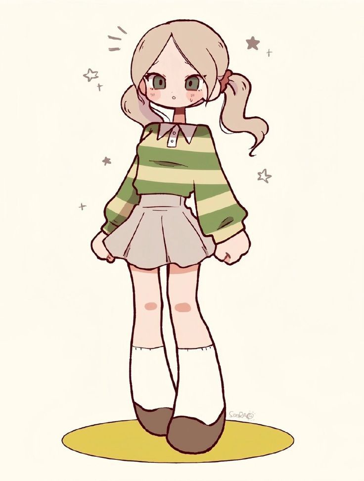 a drawing of a girl with long hair wearing a green and white striped shirt, brown shorts and black shoes