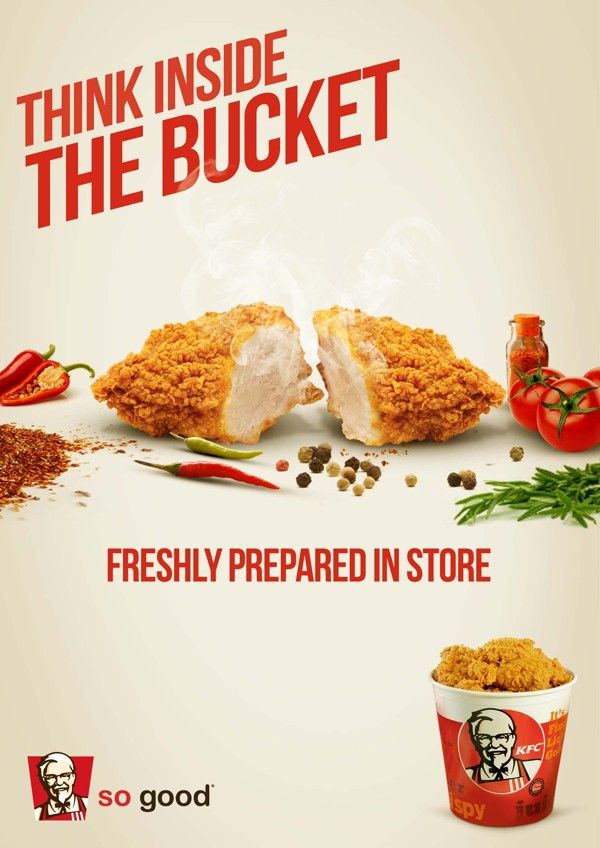 an advertisement with chicken and other foods on the side that says, think inside the bucket freshly prepared in store