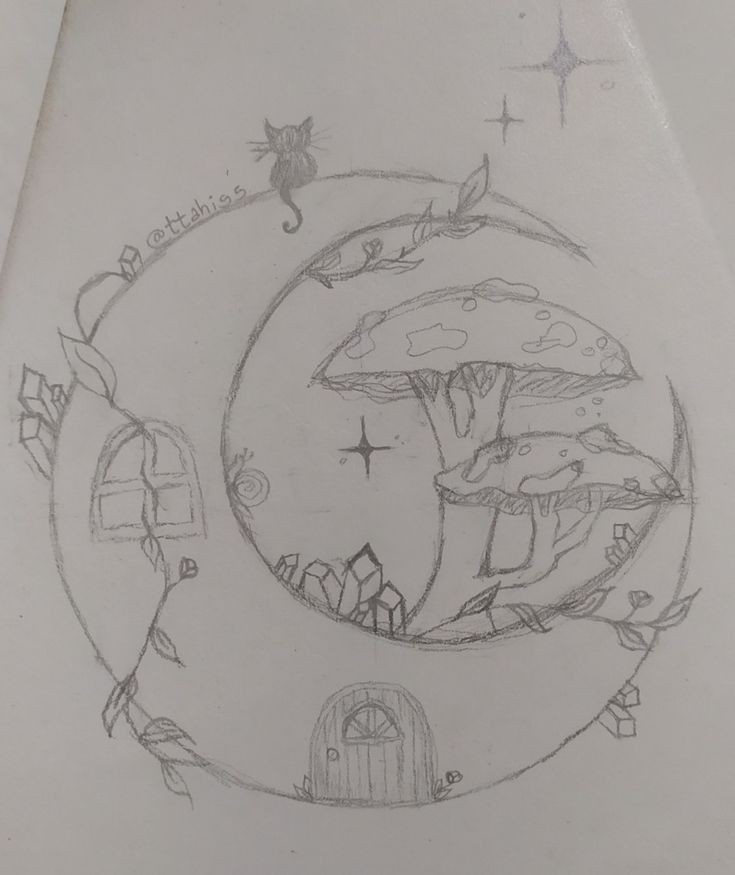 this is a drawing of a house in the middle of a circle with trees on it