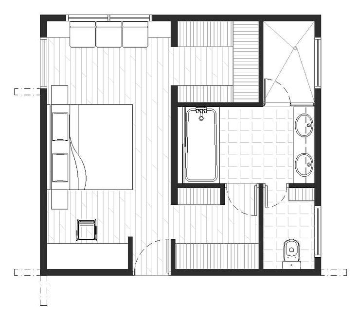 a floor plan for a bedroom and living room in a small house with an attached bathroom