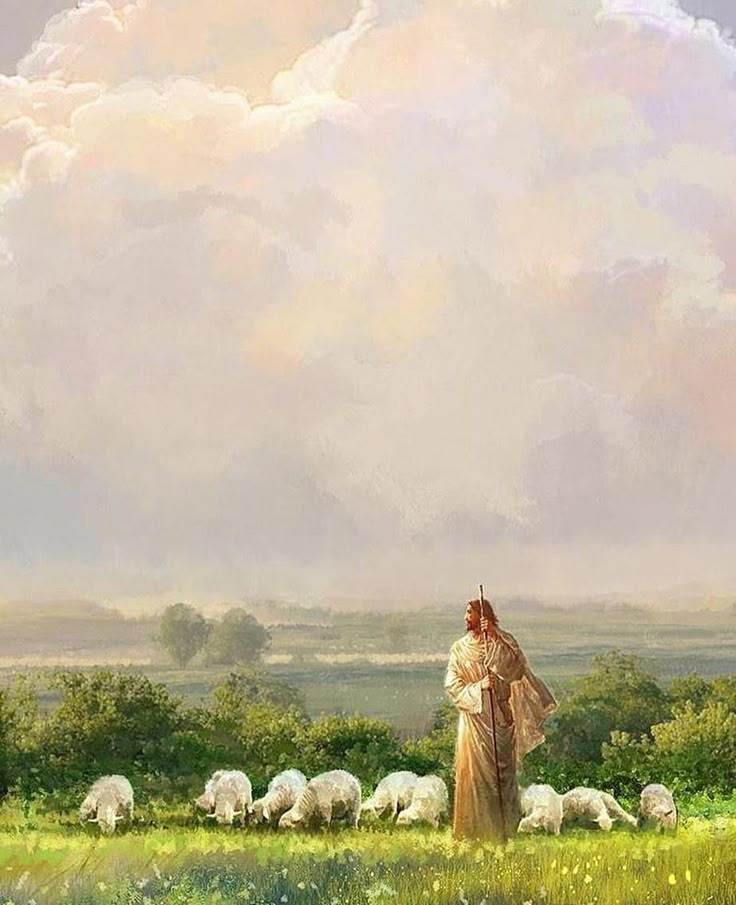 a painting of a woman standing in a field with her flock of sheep behind her