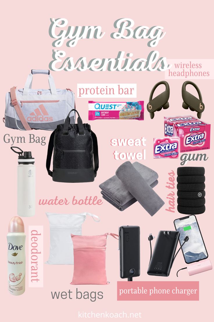 the gym bag essentials list is shown in pink and white, including water bottle, phone