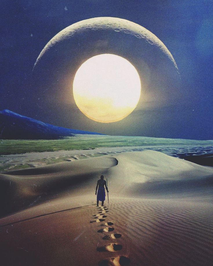 a person walking across a desert under a full moon