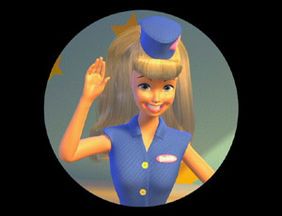 a cartoon character in a blue dress and hat