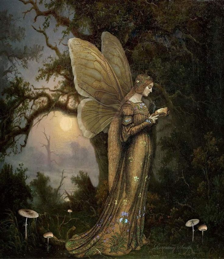 a painting of a fairy holding a book in front of trees and mushrooms with the moon behind her