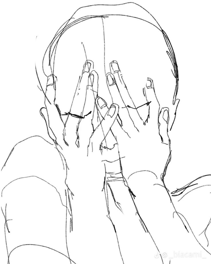 a drawing of someone holding their hands up in front of their face and covering their eyes with both hands