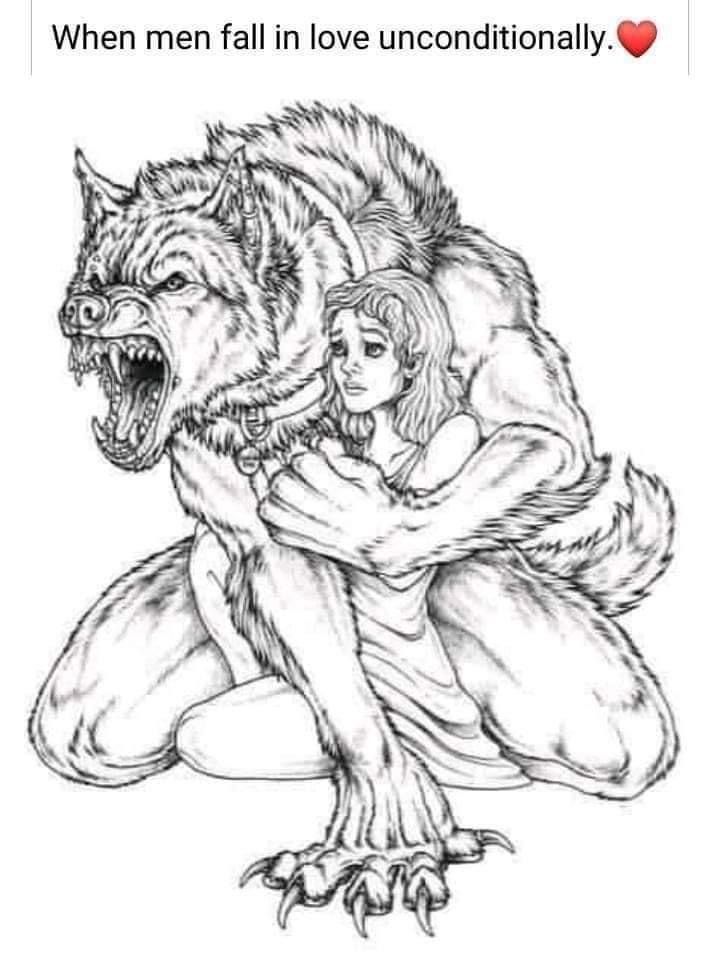 a drawing of a woman hugging a wolf with her head on the back of it