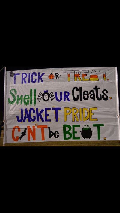 a sign with words written on it that say trick or treat, small hour cleats, jacket pride, can't be best