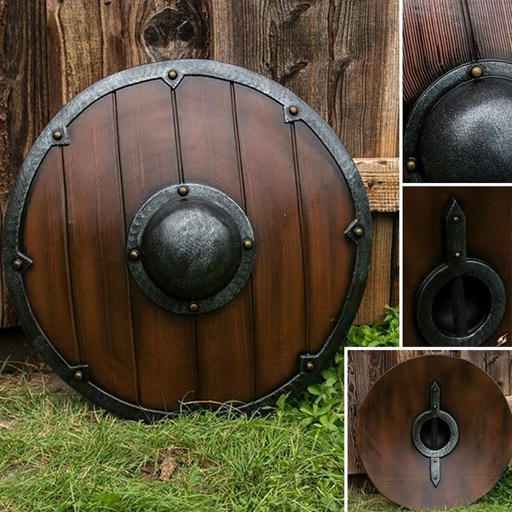 several photos of a wooden shield with iron accents and metal fittings on the side