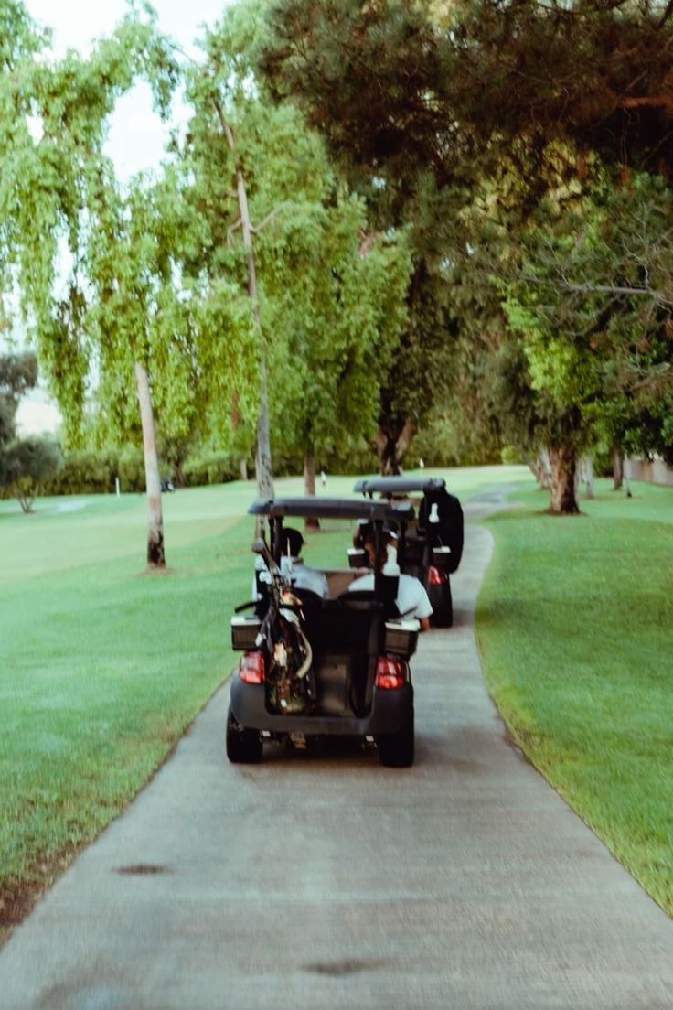 two golf carts are parked on the side of a path in front of some trees