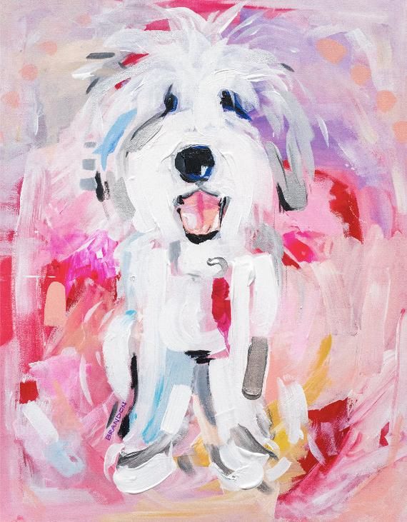 a painting of a white dog on a pink background