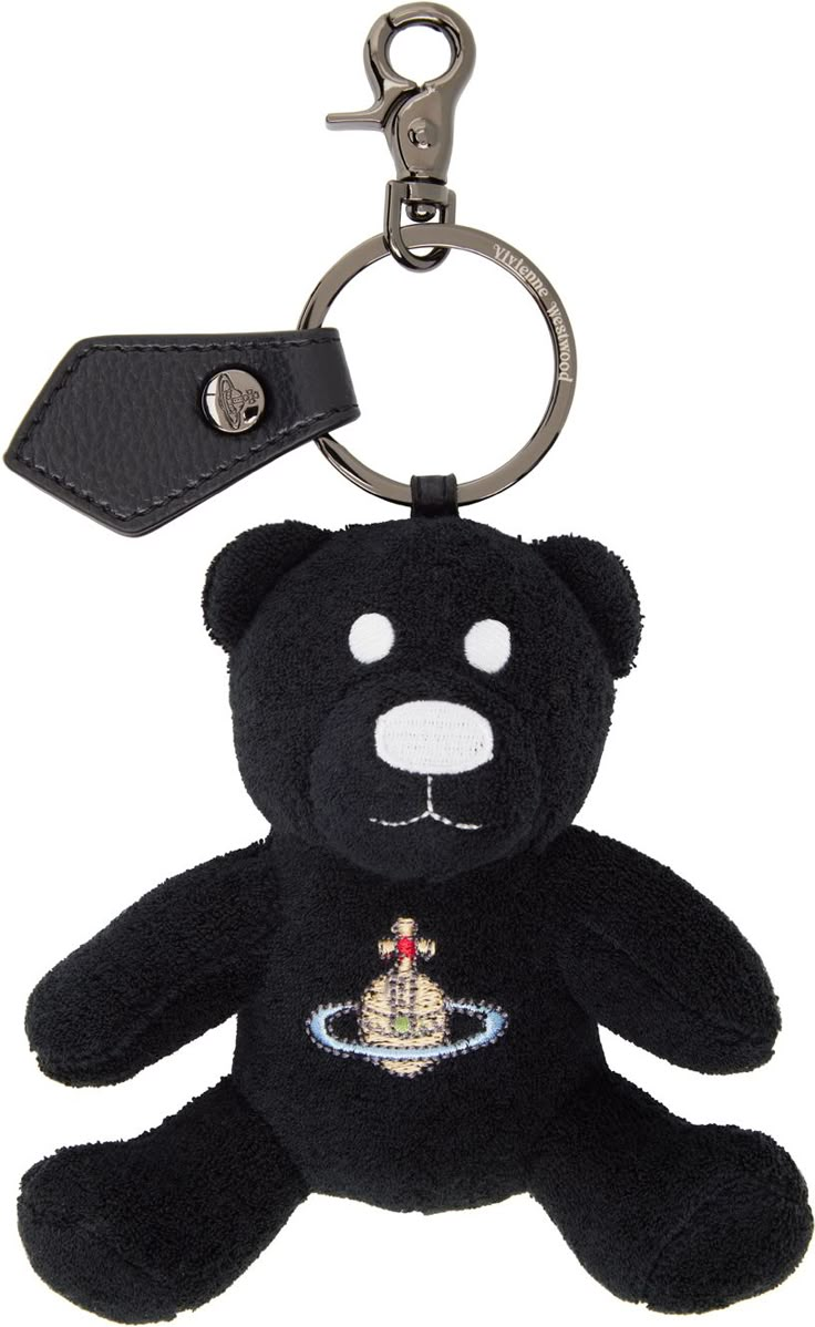 Graphic terrycloth keychain in black. · Keyring and grained leather tab at top · Lobster-clasp fastening · Logo graphic embroidered at face · Logo-engraved silver-tone hardware · H6 x W5 x D1.75 Supplier color: Black Vivienne Westwood Keychain, Teddy Keychain, Pines Aesthetic, Burberry Bear, Black Teddy Bear, Travel Size Items, Black Keychain, Bag Keychain, Black Clothes