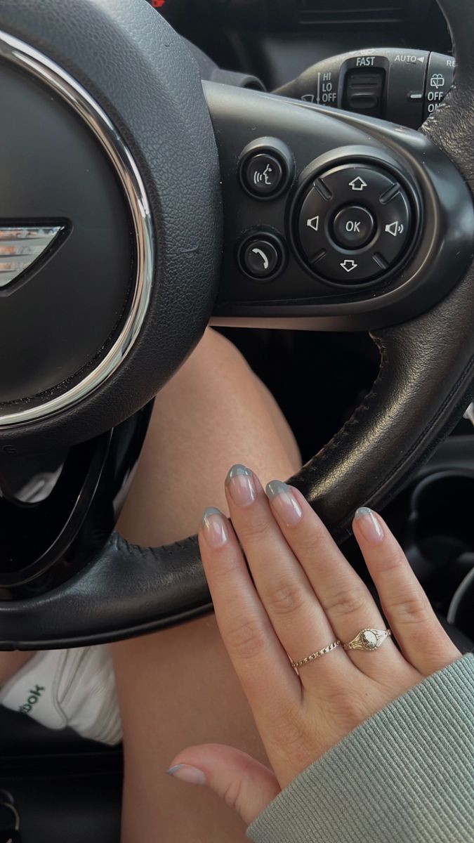 Gold Jewlery and a grey french tip is my go to! Light Gray French Tip Nails, Gray Nails French Tips, Grey Nails French Tip, French Grey Nails, Light Grey French Tip Nails, Dark Grey French Tip Nails, Grey Bling Nails, Grey French Nails, Gray French Tip Nails