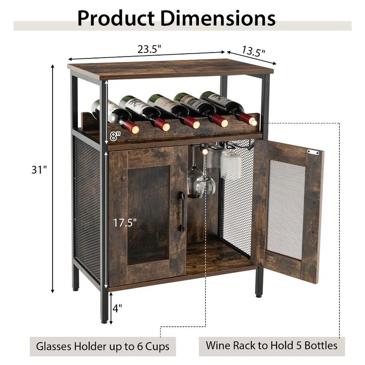 an image of a wooden cabinet with wine bottles in it and measurements for the size