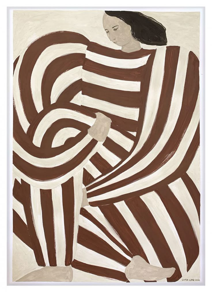 a painting of a woman wrapped in brown and white stripes