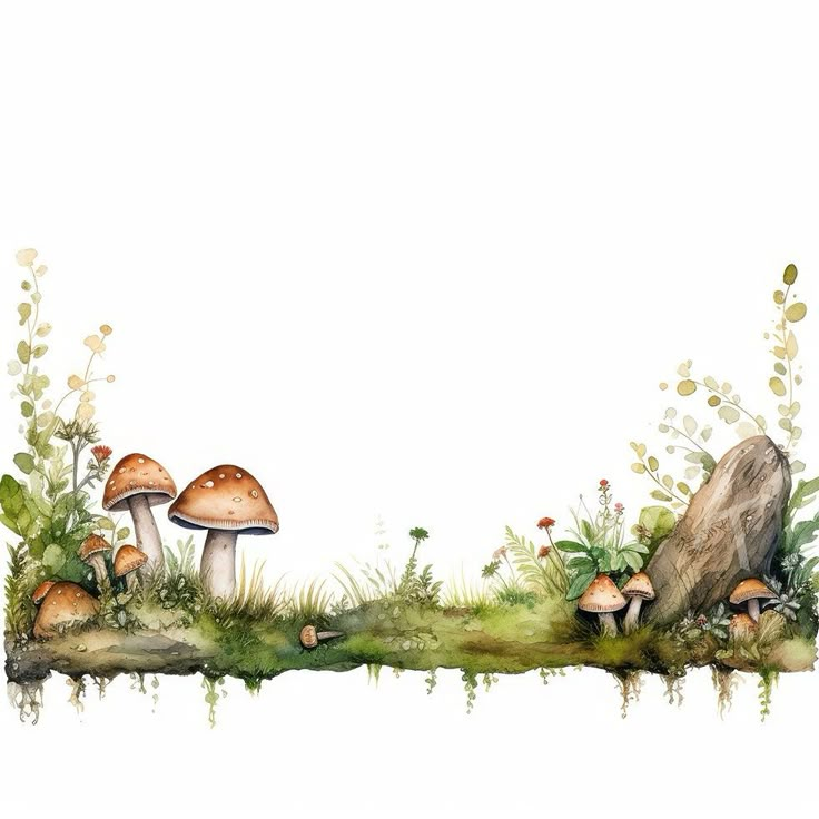 watercolor painting of mushrooms in the grass