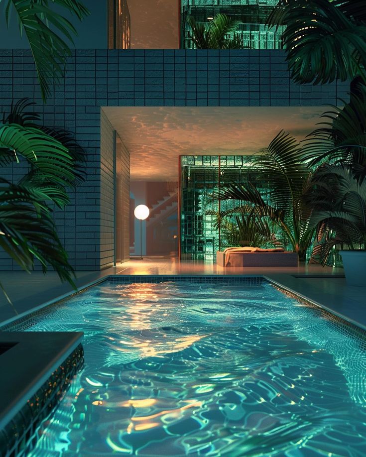 an indoor swimming pool surrounded by palm trees and other greenery, with the lights on