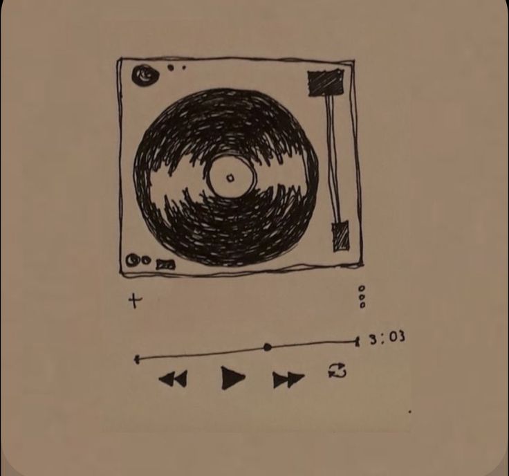 an ink drawing of a record player with arrows pointing to the left and right side