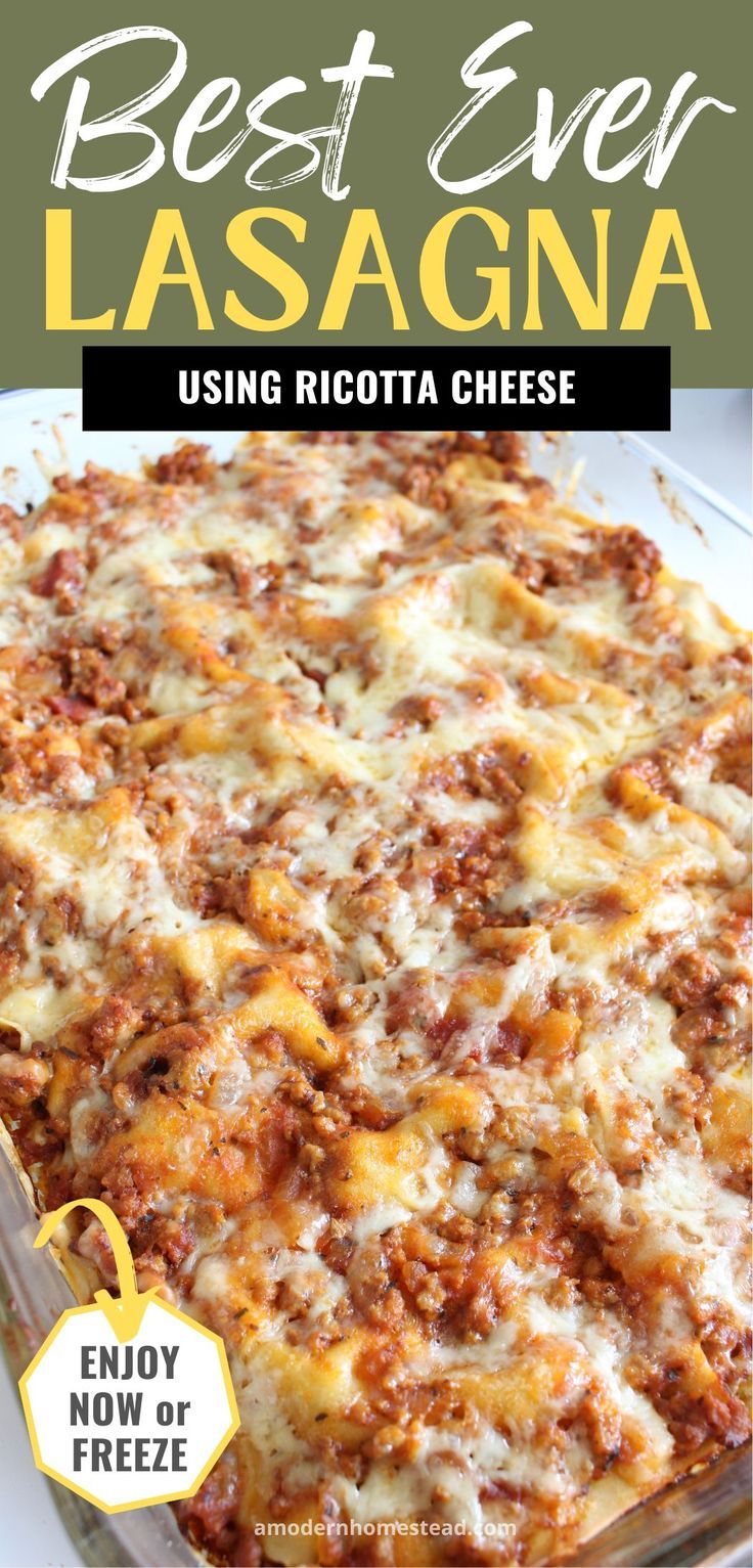 dish of homemade lasagna with text that says best ever homemade lasagna enjoy now or freeze Easy Lasagna Recipe With Ricotta, Lasagna With Ricotta Cheese, Homemade Lasagna Noodles, Cheese Lasagna Recipe, Homemade Lasagna Recipe, Easy Homemade Lasagna, Beef Lasagna Recipe, Lasagna With Ricotta, Homemade Lasagna Recipes