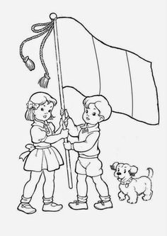 two children are holding a flag with a dog on the ground next to it and one is