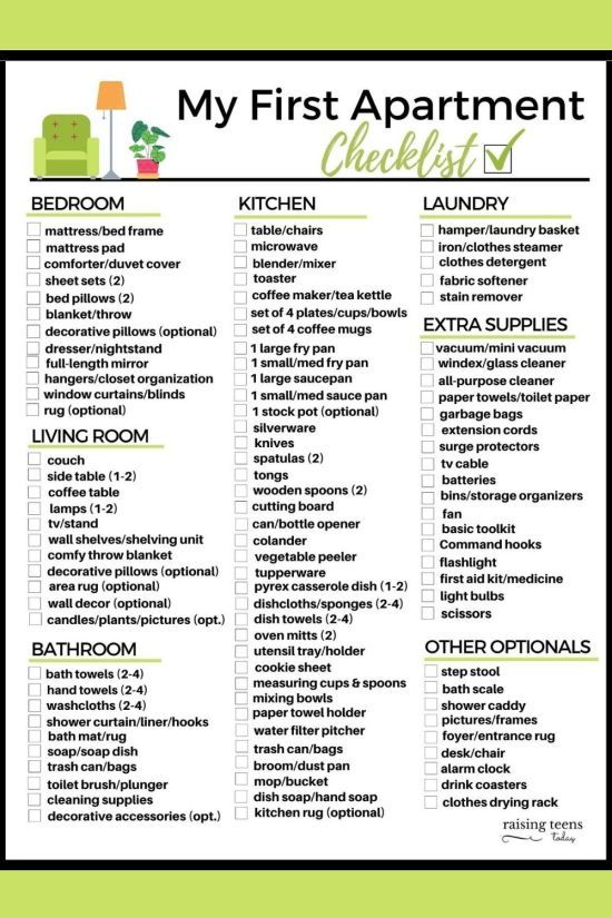 the first apartment checklist is shown in black and white, with green trimming