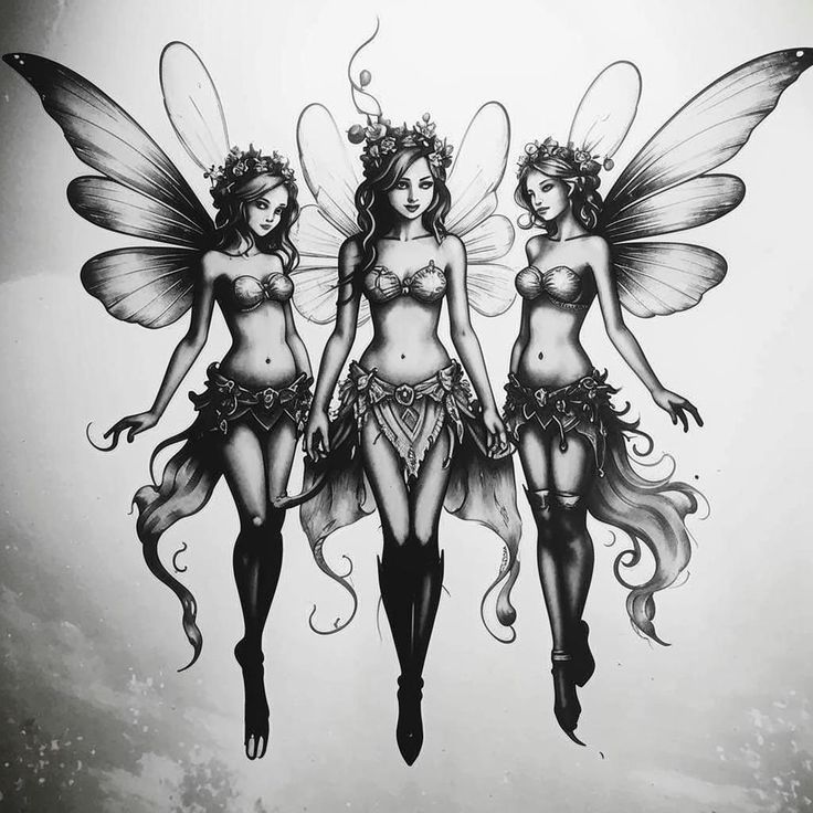 three beautiful fairy girls with wings on their backs, standing in front of a white wall